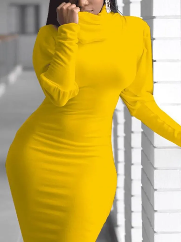 

New Women Autumn Winter Yellow White Red Dress Slim Elastic Turtleneck Lantern Sleeve Sexy Bodycon Ladies Casual Pencil Dresses