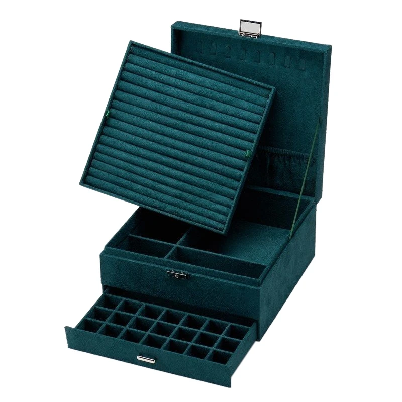 

Three-Layers Suede Jewelry Organizer Box Necklaces Earrings Rings Large Storage Case With Lock For Women