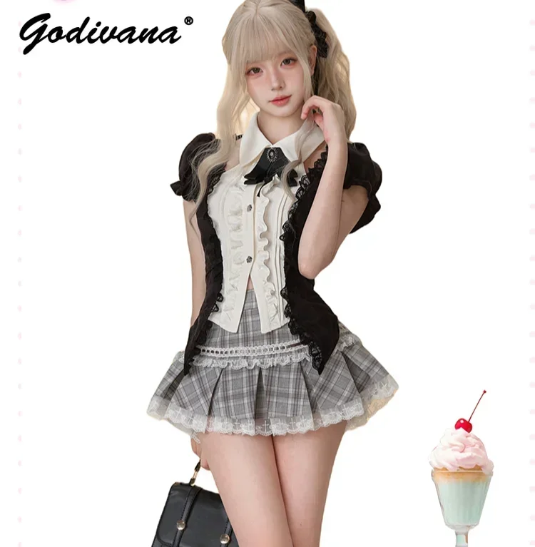 Новая летняя студенческая черно-белая лоскутная кружевная рубашка в