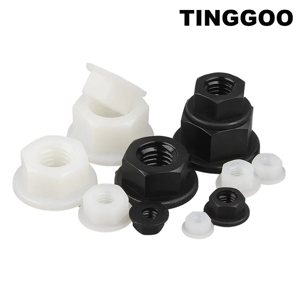 

10/50pcs M3 M4 M5 M6 M8 M10 M12 Black White Flat Bottom PA66 Plastic Nylon Insulation Hexagonal Hex Head Flange Nut DIN6923