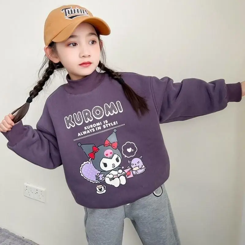 

Sanrioed аниме Kuromi Детский мультфильм плюс флисовый свитер Ins Kawaii детская теплая рубашка с высоким воротником праздничный подарок