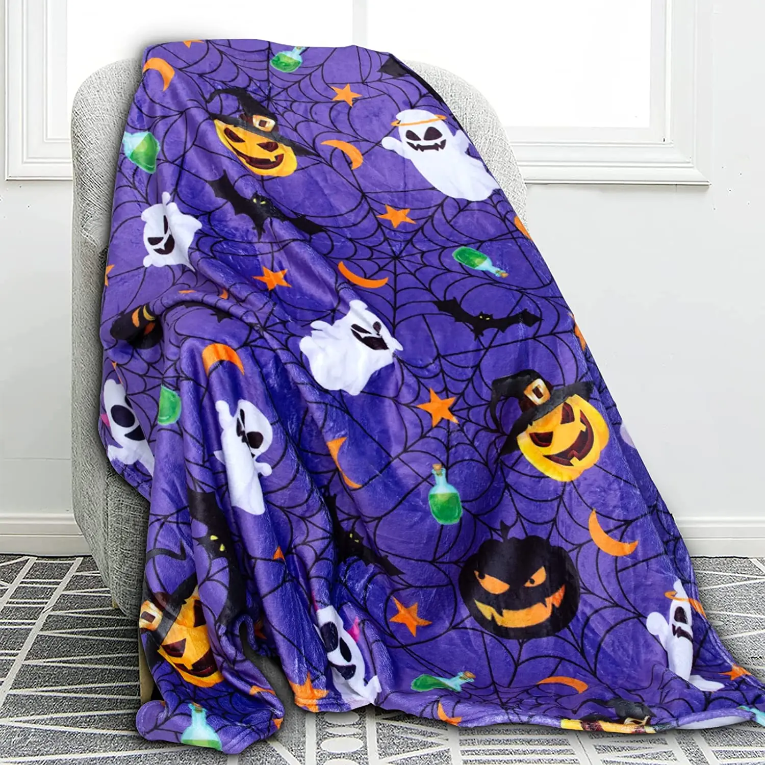 

Флисовое одеяло для Хэллоуина, мягкое удобное Фланелевое офисное покрывало для двуспальной кровати, дивана, фиолетового цвета