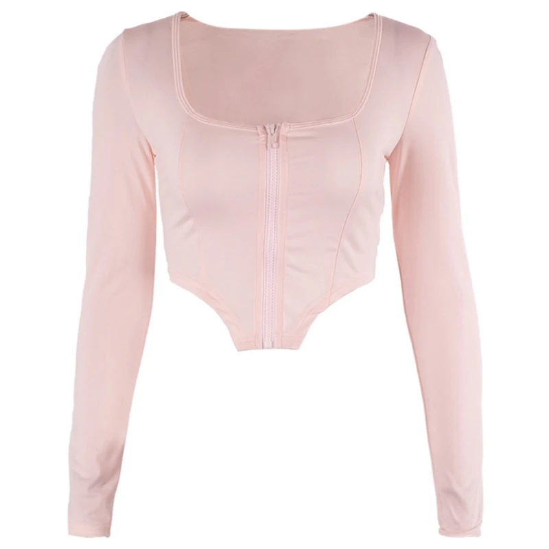 

Women Autumn Long Sleeve Zipper T Shirt Sexy Square Neck Bodycon Crop Top Irregular Hem Solid Color Stretch Cardigan Coat