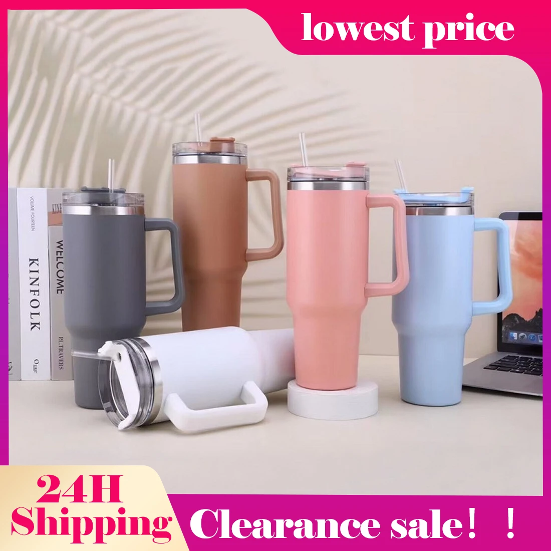 

40oz Cafe Insulated Tumbler Straw Stainless Steel Coffee Termos Cup In-Car Vacuum Flasks Portable Water Bottle Mug With Handle