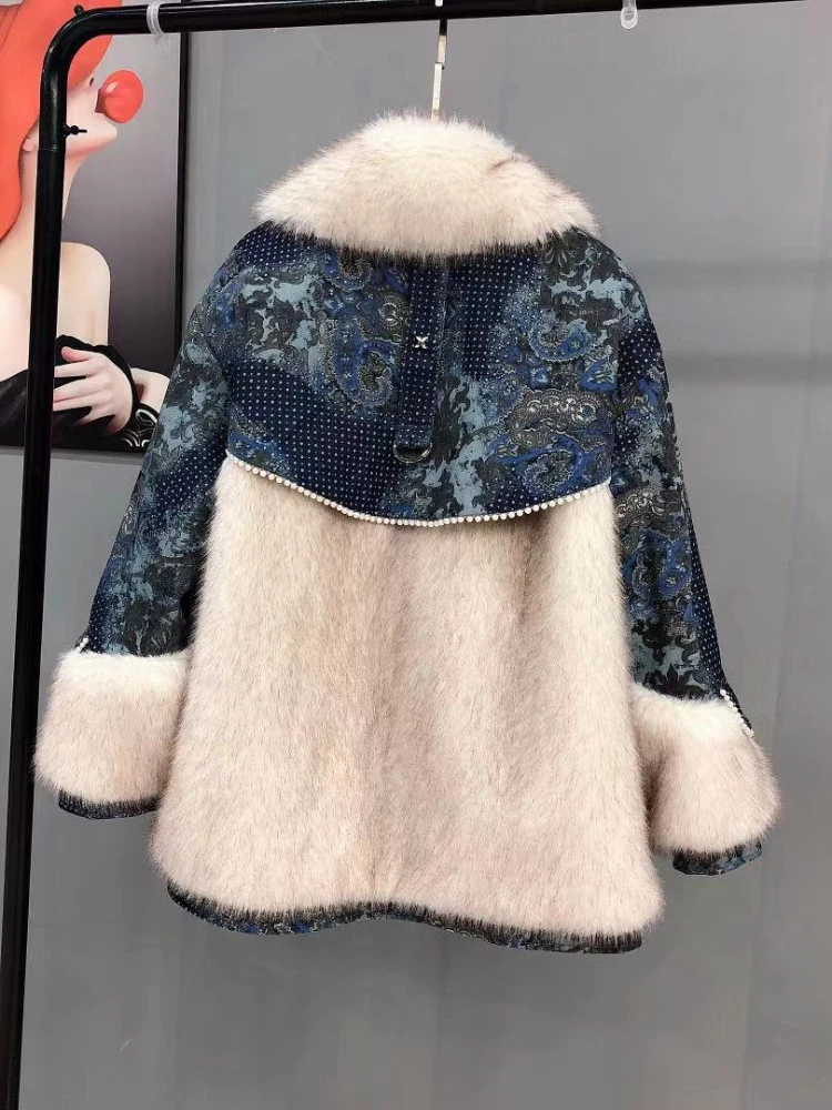 Roupas Femininas 2022 Winter Korean Fashion Woman Blue Denim Stitching Mid-length Fur  Jackets Elegant Loose Fur Overcoat Femme