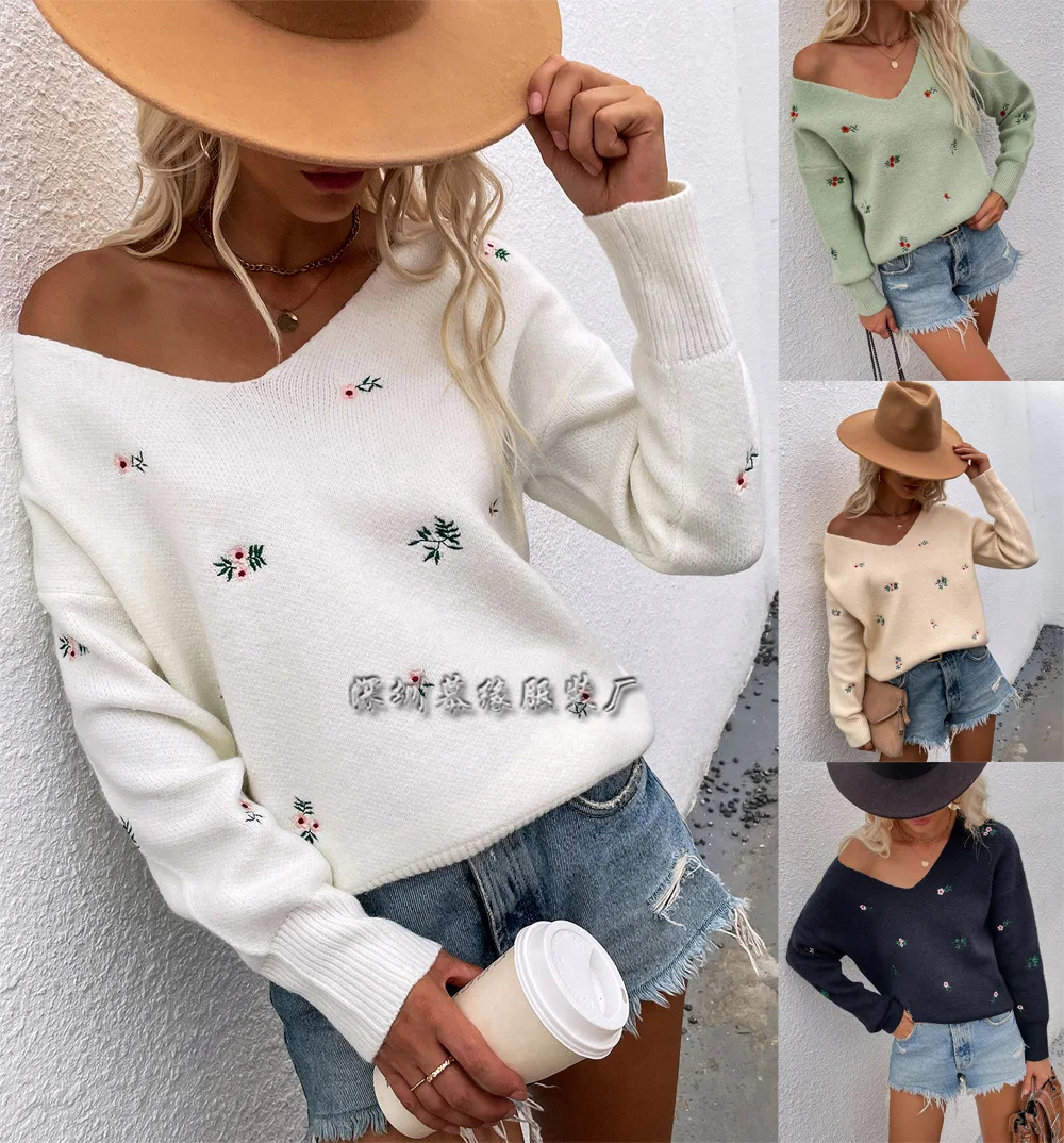 

Autumn and Winter New Print V-Neck Loose Women's Knitwear Pullover Sweater Women