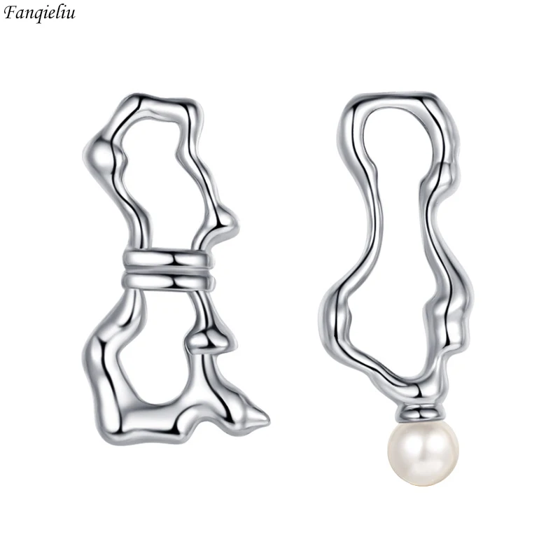 

Fanqieliu 925 Silver Needle Asymmetrical Hollow Metal Circle New Jewelry Pearl Stud Earrings For Women Fashion FQL23205
