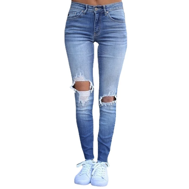 

Womens Skinny Jeans Knee Hole Distressed Jeans Spodnie Denim Damskie Street Wear Pencil Gray Pants Ripped Vintage Ropa Mujer
