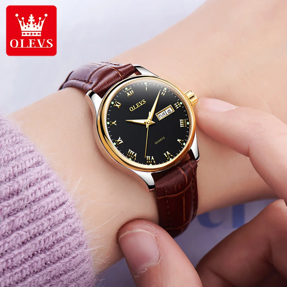 

OLEVS 5568 Quartz Watch for Women Leather Strap Luminous Waterproof Classical Wristwatch Week Display Calendar Women's Watches