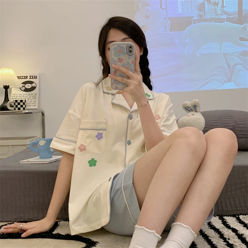Summer Sleepwear Girl Pajamas Set Sweet Flower Women Pijamas Cotton Lapel Loungewear Lady's Pajama