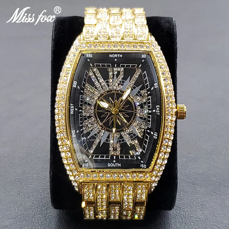 

Часы MISSFOX Мужские кварцевые аналоговые, роскошные украшенные кристаллами, модные золотистые черные, со стразами