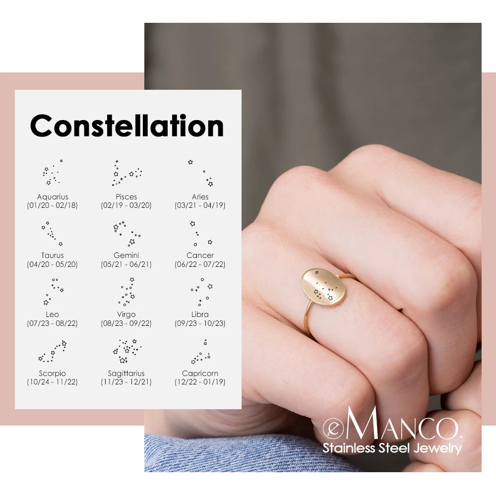 eManco Engrave Zodiac Constellation Ring for Women 316L Stainless Steel Charm Bracelets Trendy Minimalist Ring accessories
