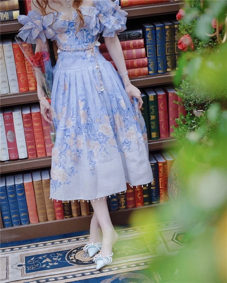 

UMI MAO 2022 New High-end Women's High-waisted Skirt With Floral Print Chain Midi Lace-up Skirt Women