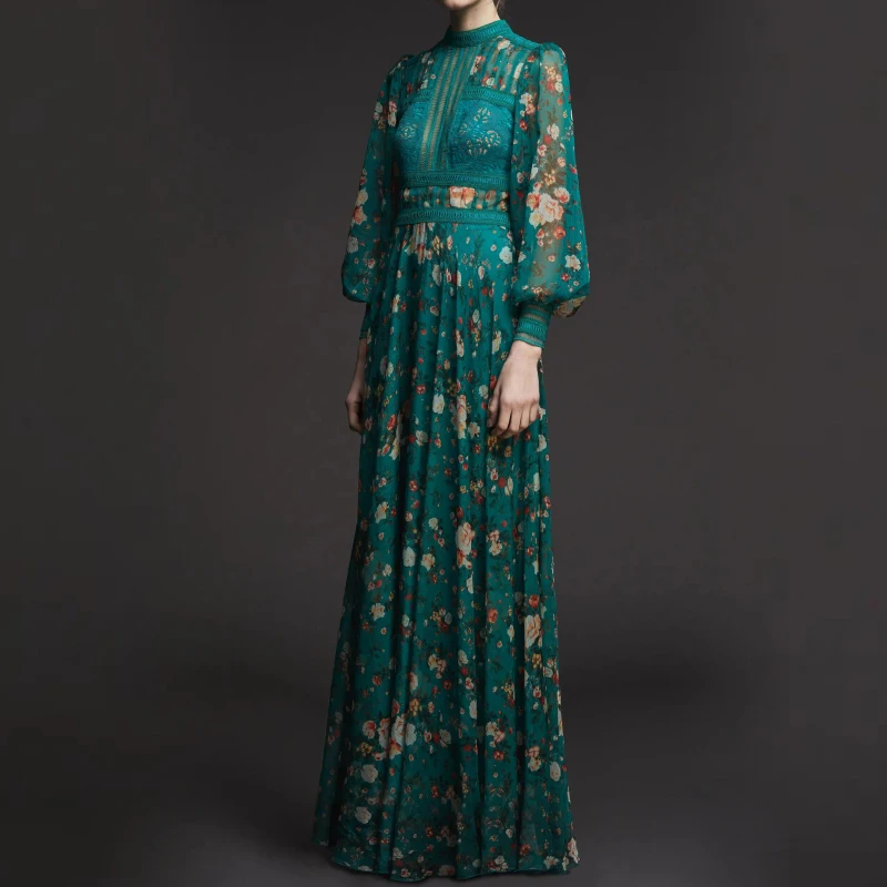 Women Summer Vintage Lantern Sleeve Green Floral Printed Long Dresses 2022 Runway Designers Elegant Maxi Dress Robe Femme