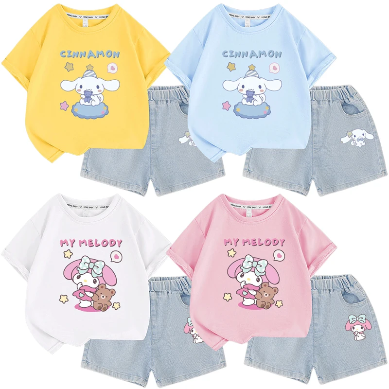 

Sanrios Anime Cinnamoroll My Melody Children Summer Short Sleeve Denim Shorts Sweet Cute Girls Clothing Half Sleeves T-shirt