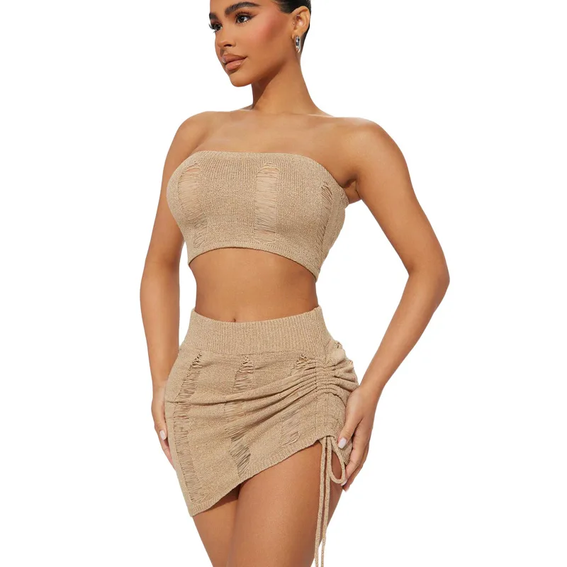 

Knitted 2 Piece Sets Women Outfits 2023 Summer Tube Top And Mini Skirt Sets Sexy Hollow Out Beach Outfits For Women Cover-up