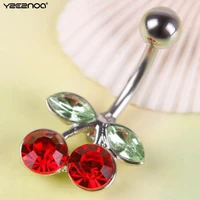 1pc stainless steel rhinestone red cherry navel belly button barbell ring body piercing