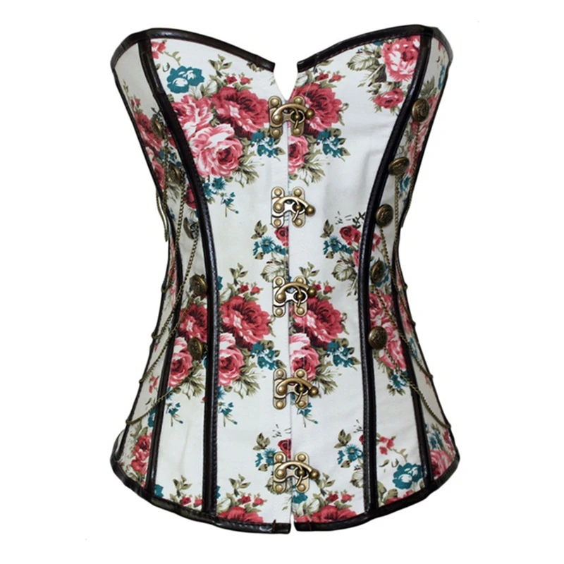 Floral Gothic Corset Steampunk Clothing with Chains Slimming Waist Fashion Flower Print Big Buttons Corselet Bustier S-XXL