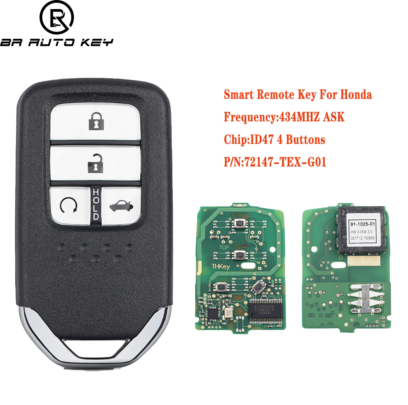 Keyless Go Smart RemoteCar key 434Mhz FSK For Honda Civic Keyless-go 2014-2018 Hrv Jazz 72147-TEX ID47 CHIP KR5V2X