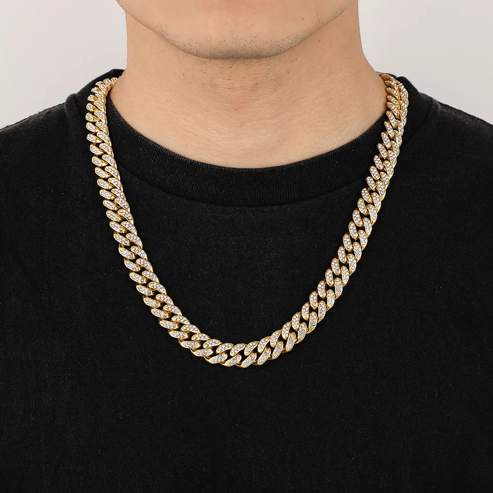 

High Quality Miami Cuban Chain Men Ladies Hip Hop Iced Out Bling Full Rhinestone Fashion Jewelry Necklace