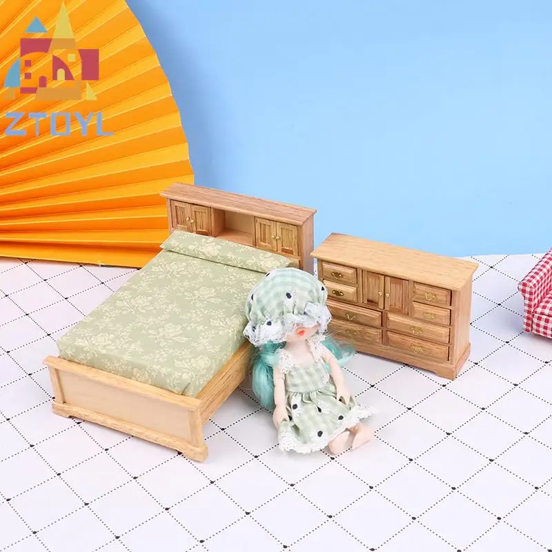 

1:12 Dollhouse Miniture Bed Chest Of Drawers Furniture Bedroom Accessories Cabinet Model Fashion Bedroom Set