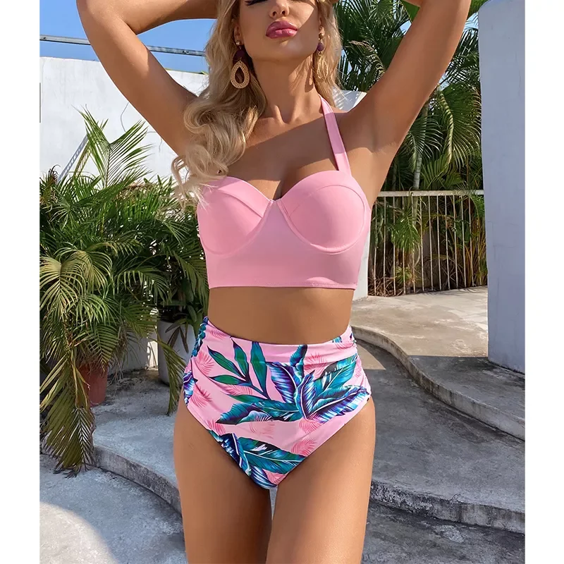 

Новинка 2021, бикини с высокой талией, купальник с принтом листьев, женский купальник пуш-ап, женский купальный костюм с лямкой на шее, винтажн...