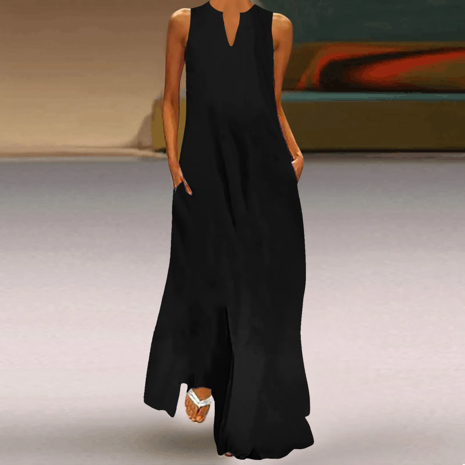 

2023 Hot Sale Women Dress Solid Color V Neck Sleeveless Retro Long Dress Beach Holiday Casual Loose All Match Maxi Dresses