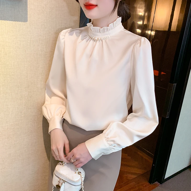 Модная Новая женская блузка с длинным рукавом и бисером повседневная офисная