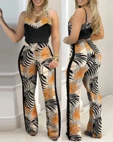tropical print colorblock flare pants set women summer fashion sexy high waist skinny bodycon long trousers two pieces suit