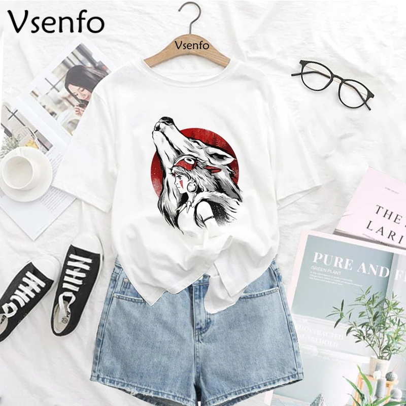 

Принцесса Мононоке Футболка с принтом Ghibli студия футболка женская летняя обувь топы, женские футболки Футболка Harajuku Графический футболки д...