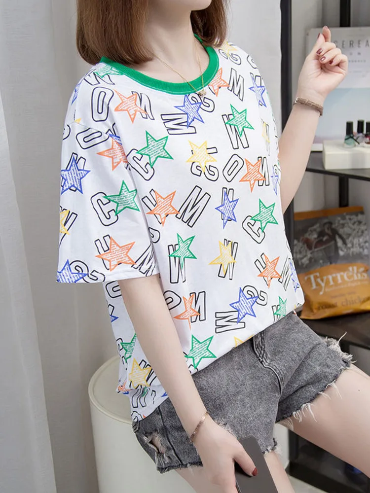 

Oversized L-4XL Cotton T-shirt Female Summer Casual Loose Large Tshirt Korean Letter Print Short Sleeve Graphic Tees Tops