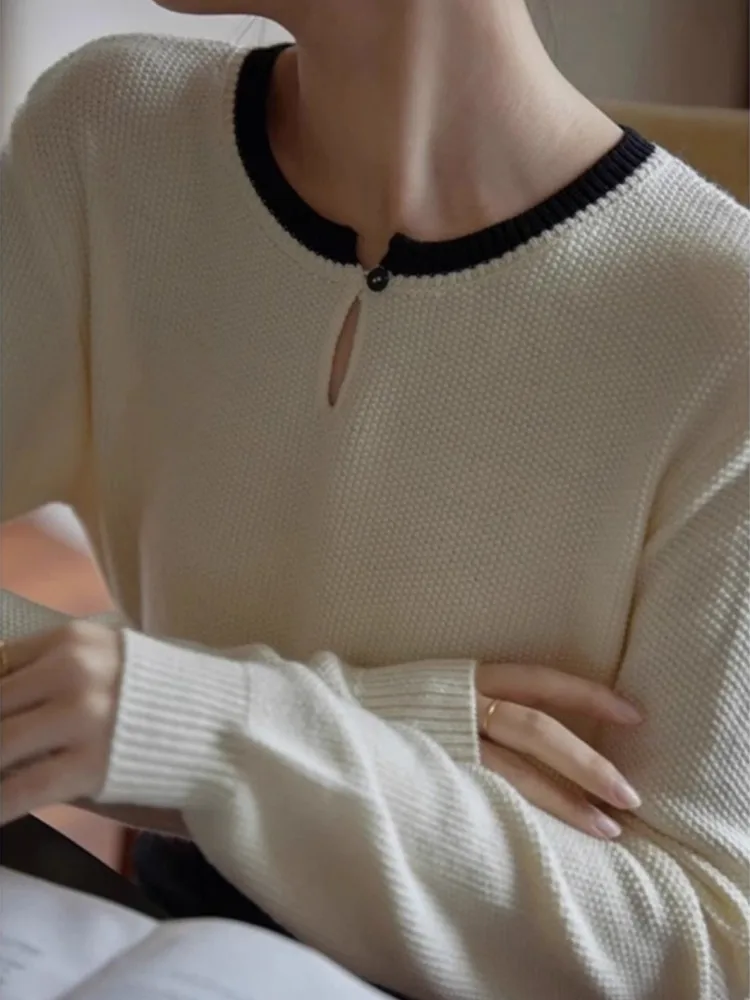 Высококачественный вязаный свитер контрастных цветов для женщин на осень и зиму