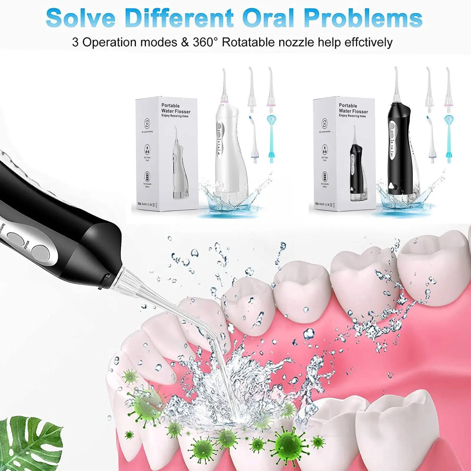 

300ML Water Tank Waterproof Teeth Cleaner Irrigator Dental Water Flosser Water Dental Jet Portable Rechargeable IPX7 U W1F8