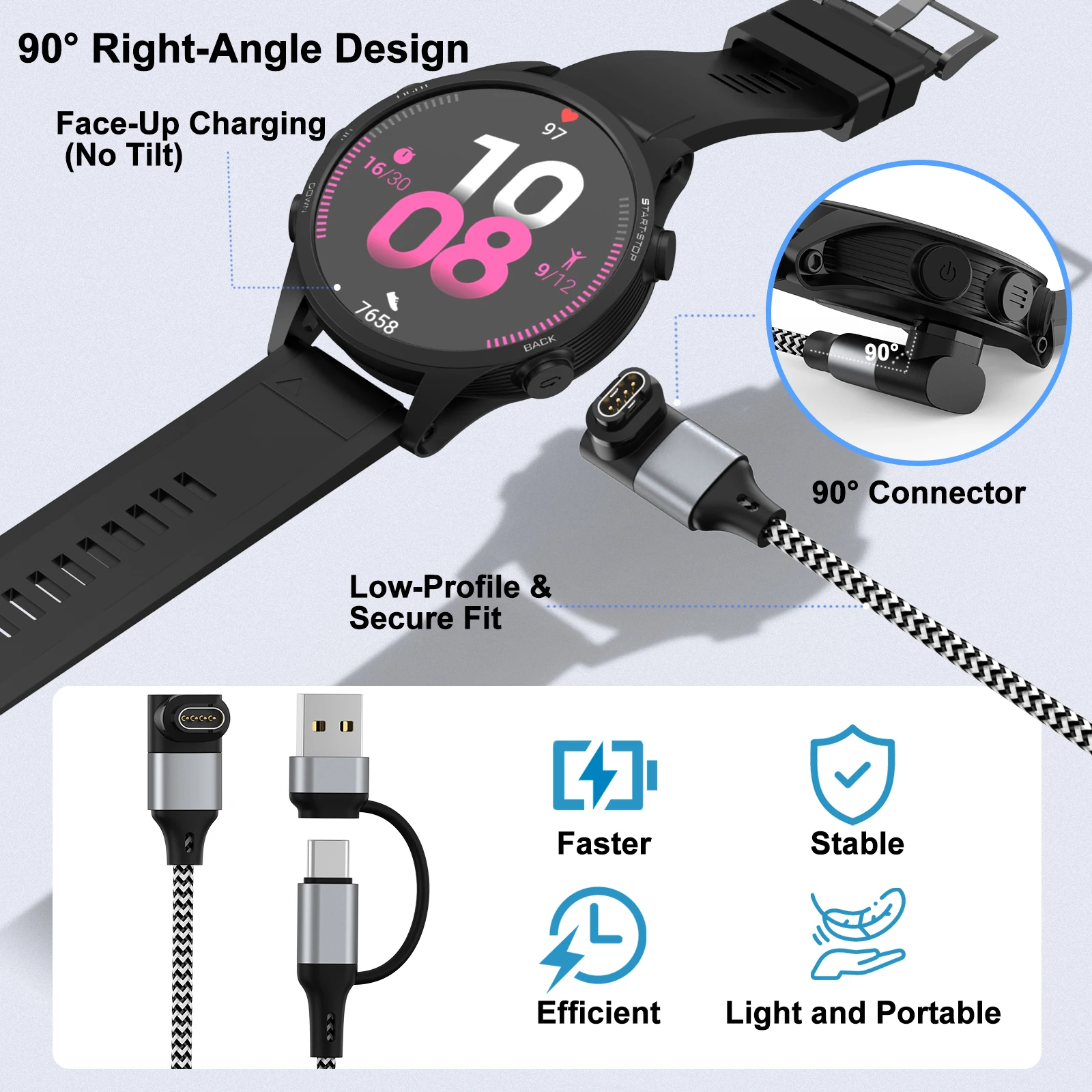 Фото Нейлоновый зарядный кабель USB Type C для Garmin Fenix 8/E/7/6/6X/6S/5X/5/5S Venu2/VenuSq2/3/3S Vivoactive4/4S/3 Approach S70/S62 №2