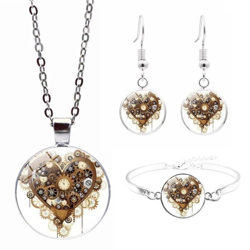 

LE Steampunk Heart Clock Jewelry Heart Clock Glass Necklace Stud Earring Bracelet Bangle Set 4Pcs Women's Jewelry