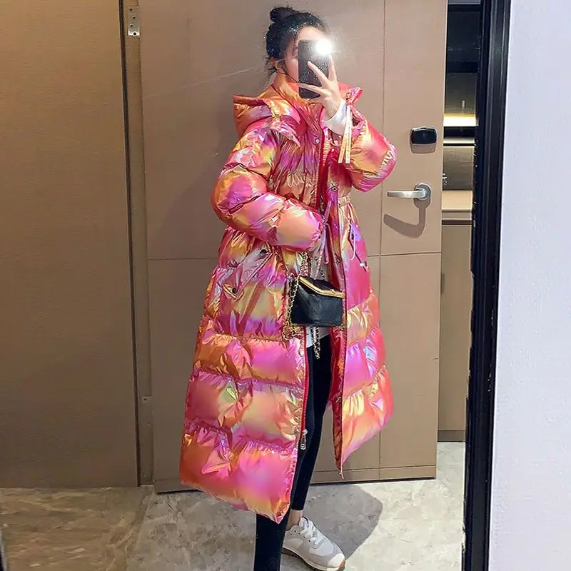 Winter Coat for Women Parka Women's Long Hooded 2023 Winter New Gloosy Bright Over Knee Jacket Winter Parka Zipper Pockets S80