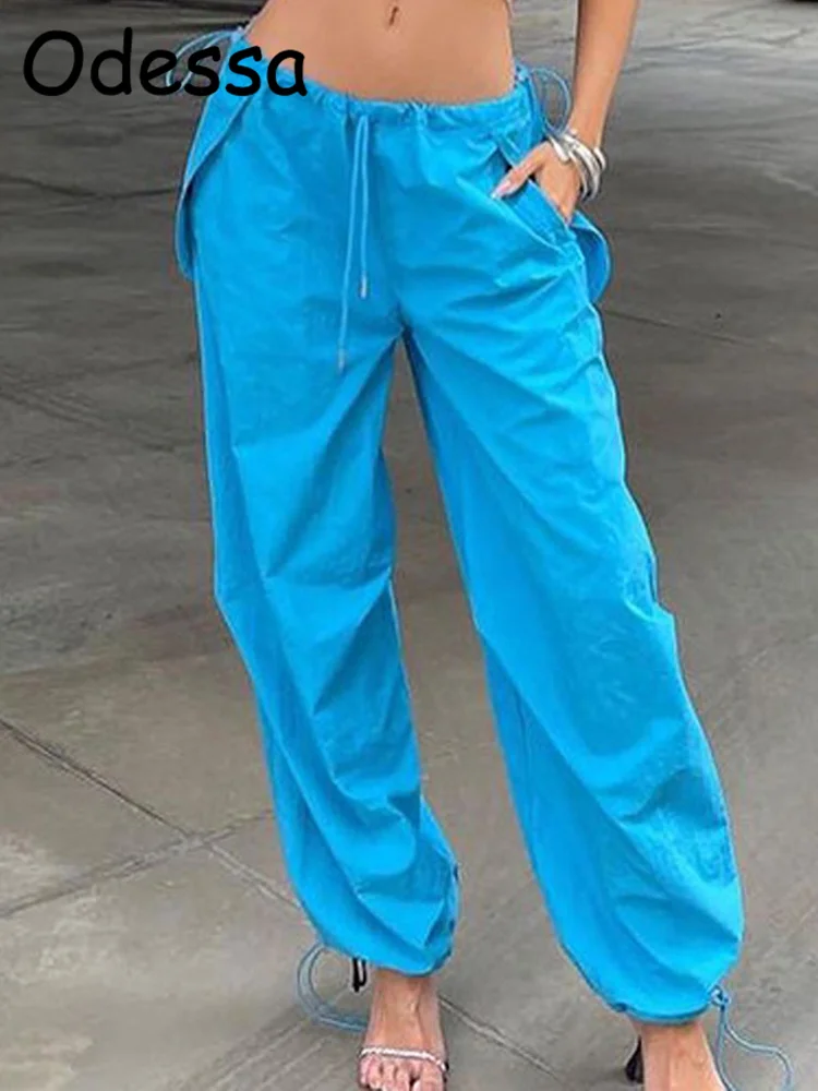 

Odessa Casual Baggy Wide Leg Sweatpants Women Blue Low Rise Cargo Pants Fashion Pocket Loose Adjustable Hippie Joggers Trousers