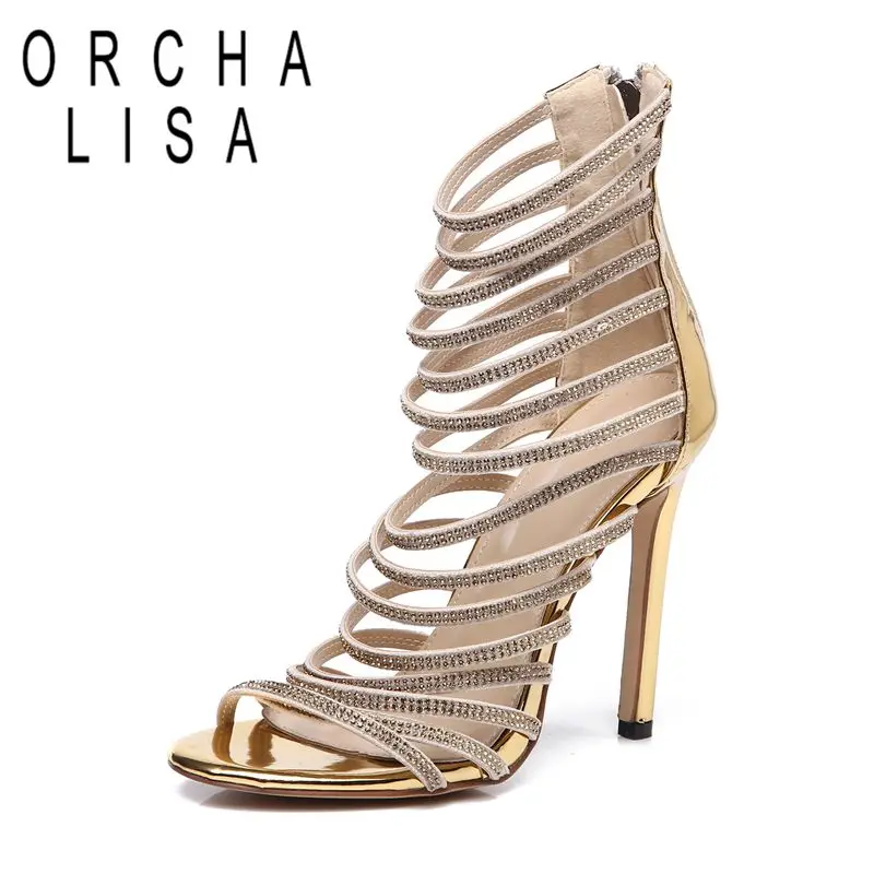 

ORCHA LISA 2022 Women Sandals Peep Toe Thin High Heels Strap Rhinestone Cover Heel Hollow Zipper Big Size 35-45 Sexy Party S3888