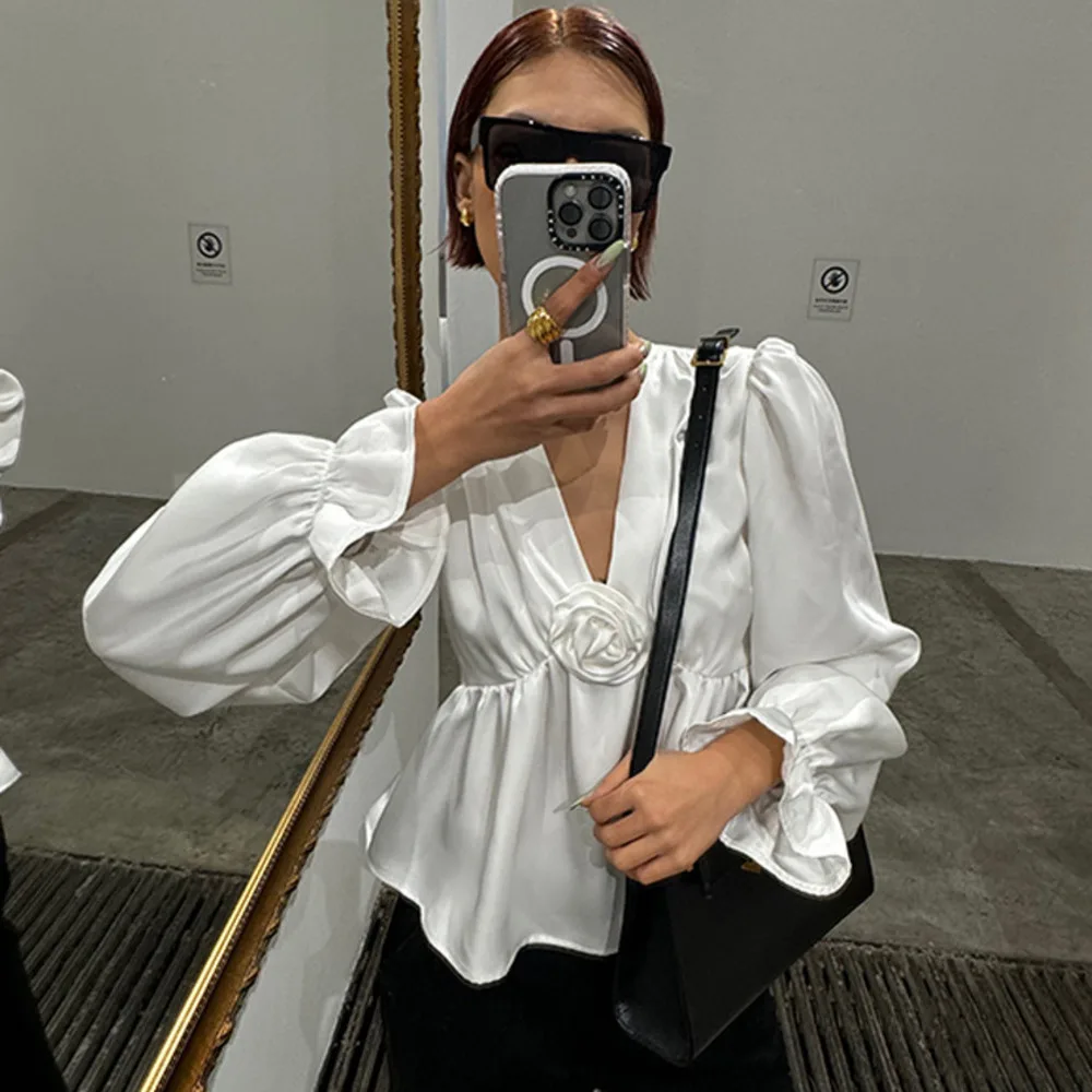 VanessaLab жемчужная белая роза французская элегантная Свободная рубашка с V-образным