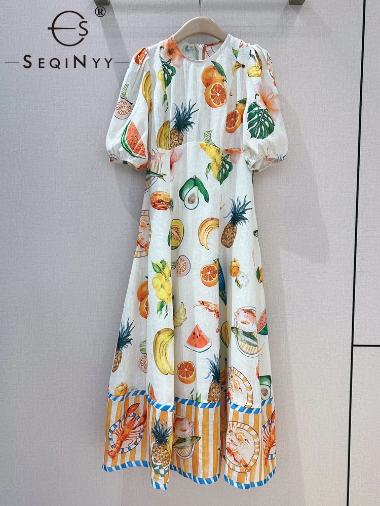 SEQINYY 100% Cotton Dress Summer Spring New Fashion Design Women Runway High Quality Vintage Fruit Flower Print Slim A-Line