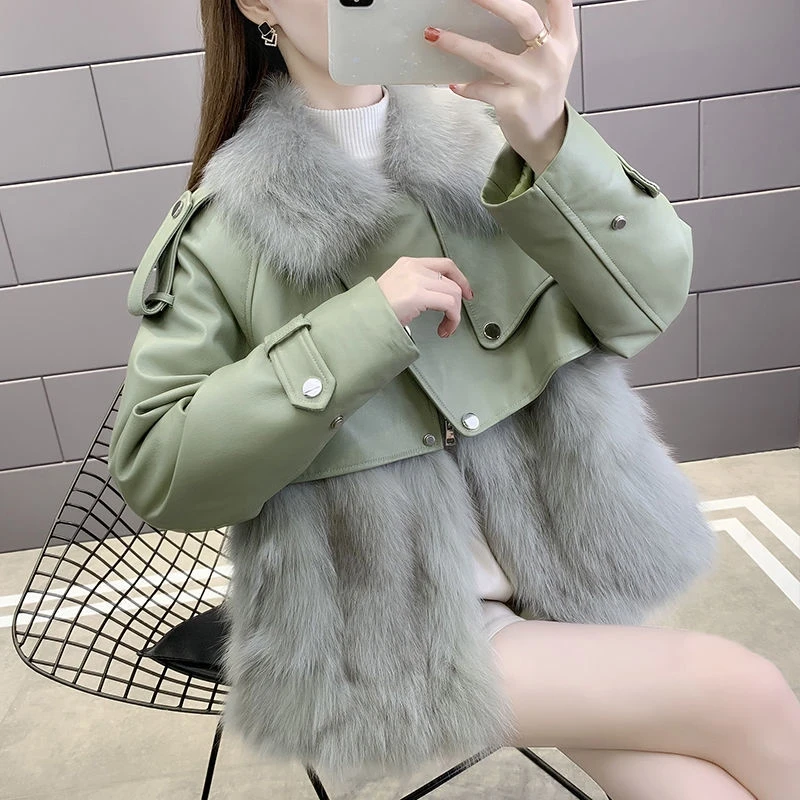 2022 New Autumn Winter Women's New Short Faux Fur Coat Patchwork Leather Jacket Slim Fashion Warm Plush Tops Famale Clothing