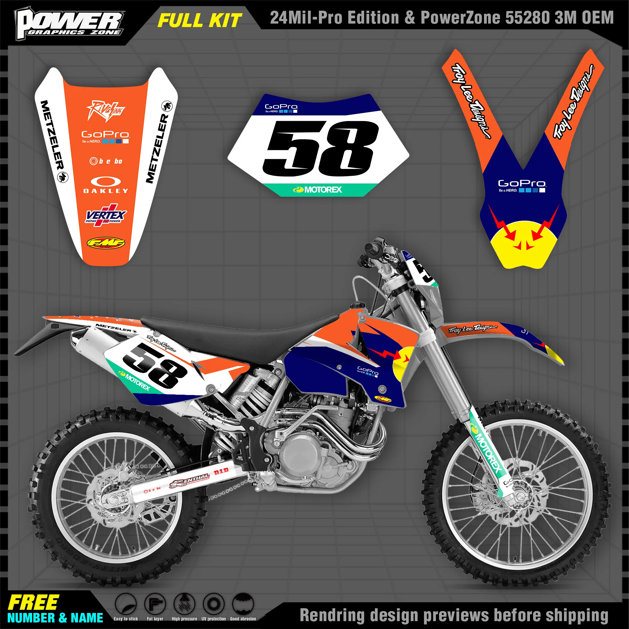 

Персонализированные графические фоны PowerZone Team, наклейки 3M, Набор наклеек для KTM 2003 EXC 125 до 500cc 004