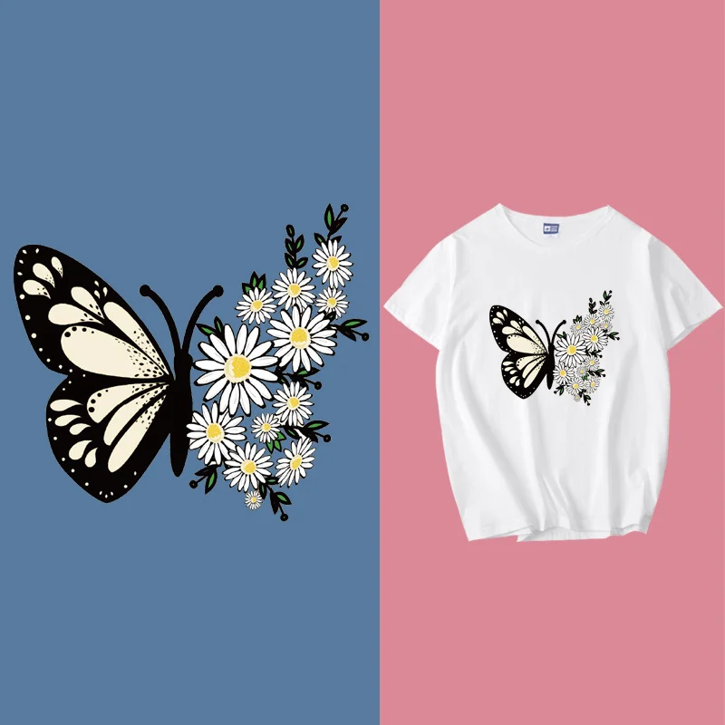 

Iron on Heat Transfer Women's T-shirt Can Be Washed Popular Big Butterfly Little Daisy Clothing T-shirt Printing Pattern