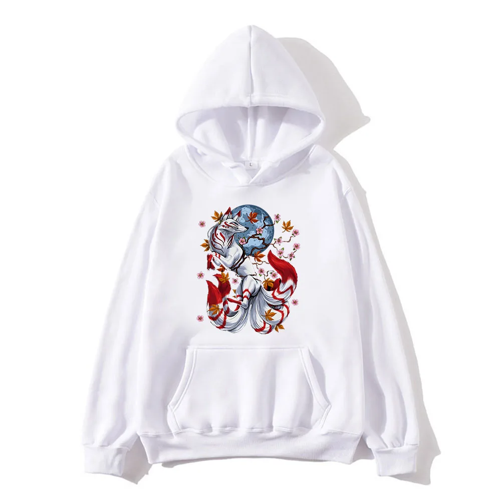 Mens Hoodies Inari God Fox Moon Japanese Style Streetwear Anime Cartoon Print Plus Size Pullovers Fleece Harajuku Sweatshirts