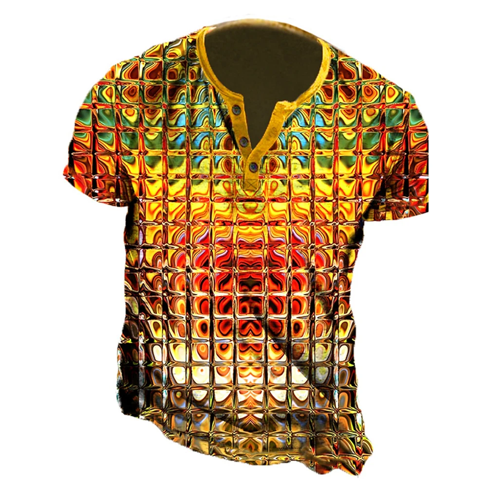

Футболка мужская градиентная с коротким рукавом, винтажная уличная одежда с абстрактным 3D принтом, топ на пуговицах, Хенли