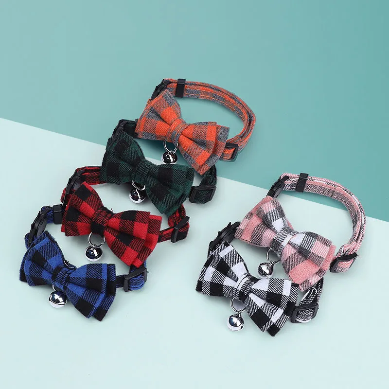 

British Style Bow-knot Plaid Small Dog Collars Bells Decoration Adjustable Polyester Puppy Collar Mascotas Cats Pet Accessories