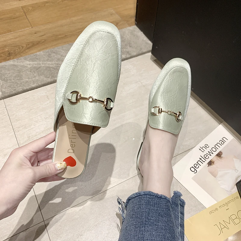 

Fashion Summer Soft Leather Women Slippers Brand Designer Slip on Mules Flat Heel Shoes for Woman Slides Solid