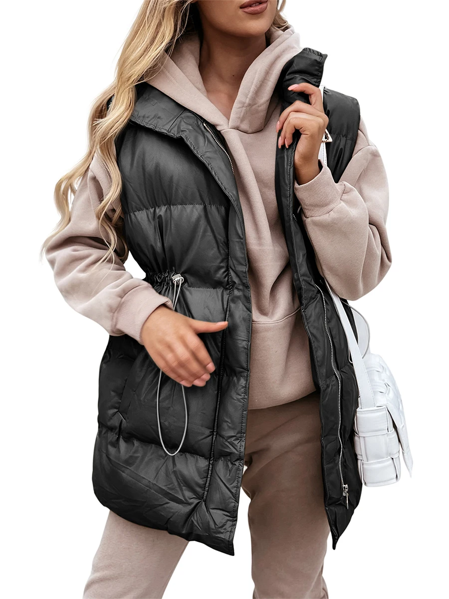 

BEAFNKSG Women Long Puffer Gilets Stand Neck Zipper Drawstring Padded Long Gilets Waistcoat Plus Size Winter Warmer waterproof