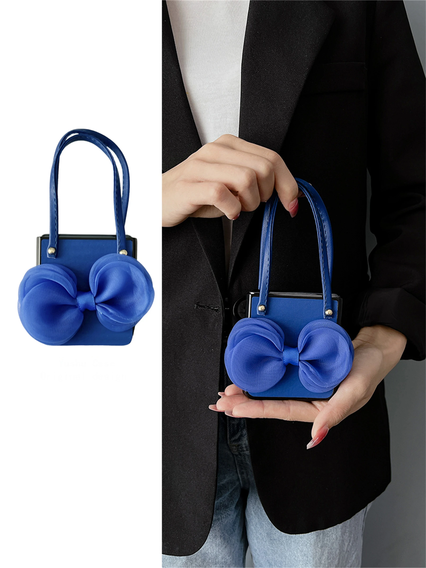 

Luxury Korean Cute Handbag 3D Yarn Bow Klein Blue Case for Samsung Z Flip3 5G Z Flip5 Zflip5 Zflip4 Z Flip 4 Cover with Chain