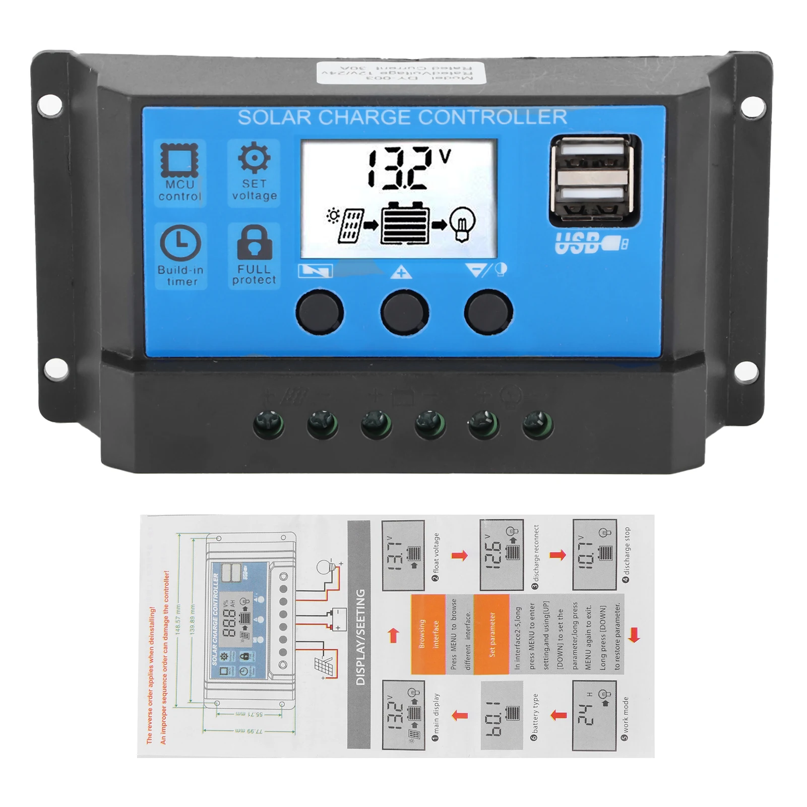 

30A LCD Solar Charge Controller 12V 24V Automatic Identification Fully 4‑Stage PWM Controlling